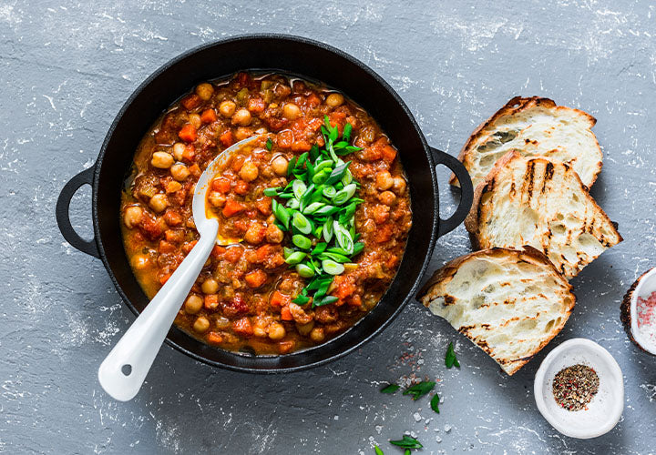 Veggie chili in a cast iron pot