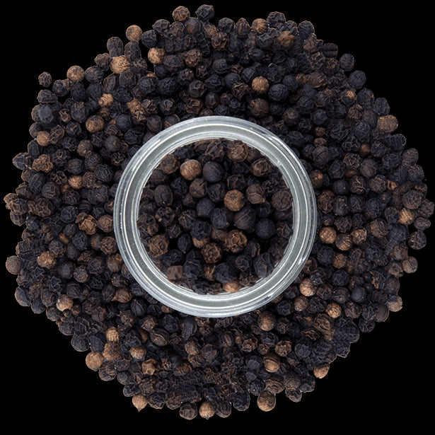Tellicherry Peppercorns from above jar