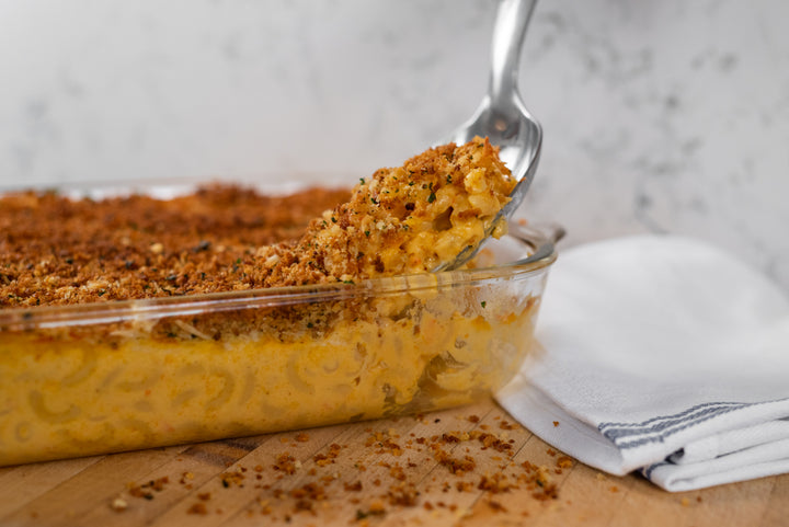 Spiced mac and cheese in a dish