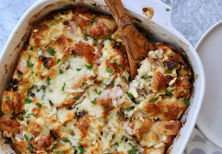 Ham and cheddar savory bread pudding recipe