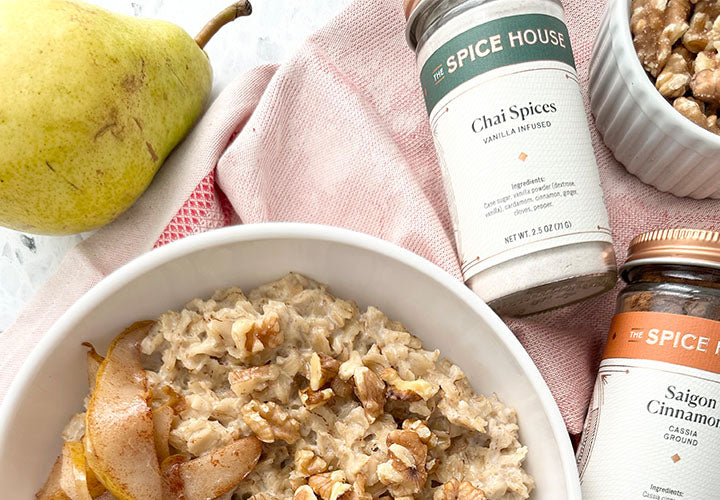 Chai Spiced Oatmeal and Cinnamon Pears