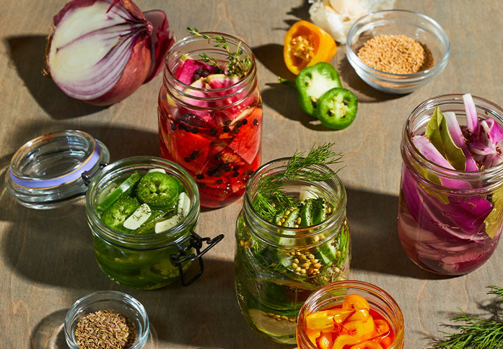 Assorted pickled vegetables made with homemade brine and gourmet spices and herbs.