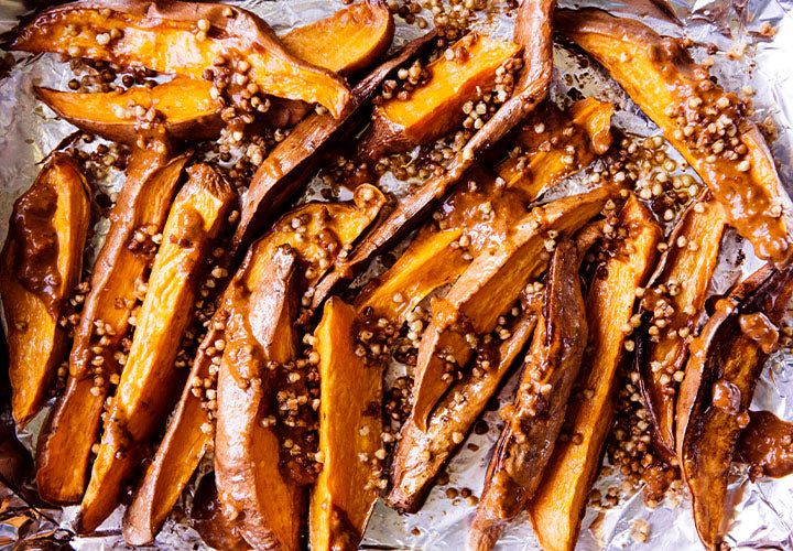 Roasted Sweet Potatoes with Fried Buckwheat and Harissa