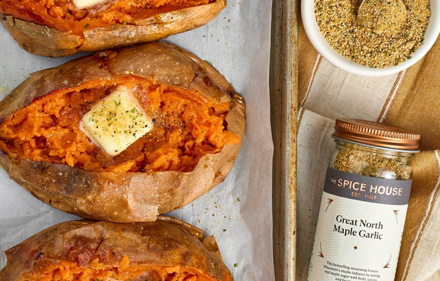 Maple Garlic Baked Sweet Potatoes