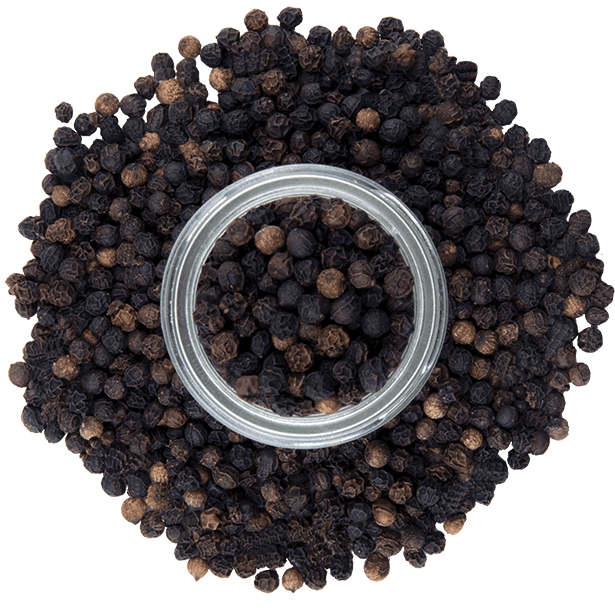 Tellicherry Peppercorns from above jar