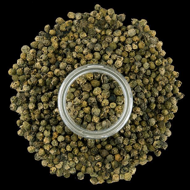 overhead view of green peppercorns